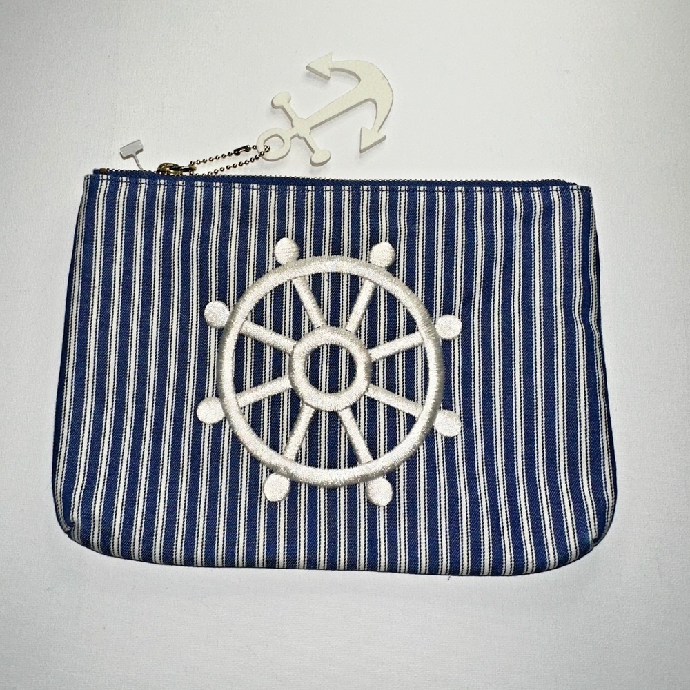 Talbots Pouch Purse Blue and White Striped Embroidered Leather Anchor Tag Zip